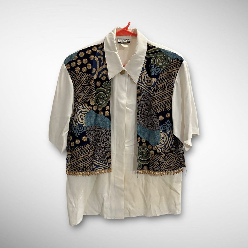 vintage 90s women's white blouse w/ beaded navy print vest sz M by Maren